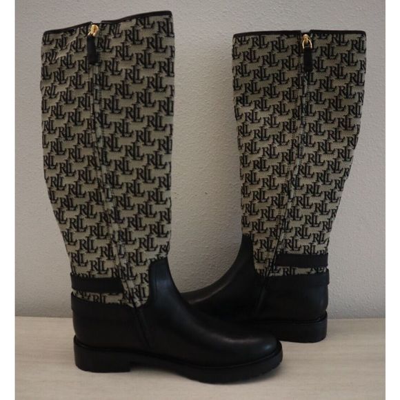 Lauren Ralph Lauren Womens Sz 7 Black Emelie Monogram Jacquard Riding Boots $250 - Picture 2 of 12